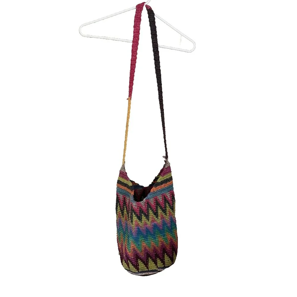 Vtg Y2K 90s Crochet Crossbody Bag Boho Rainbow Bucket Purse Hobo Hippie Festival